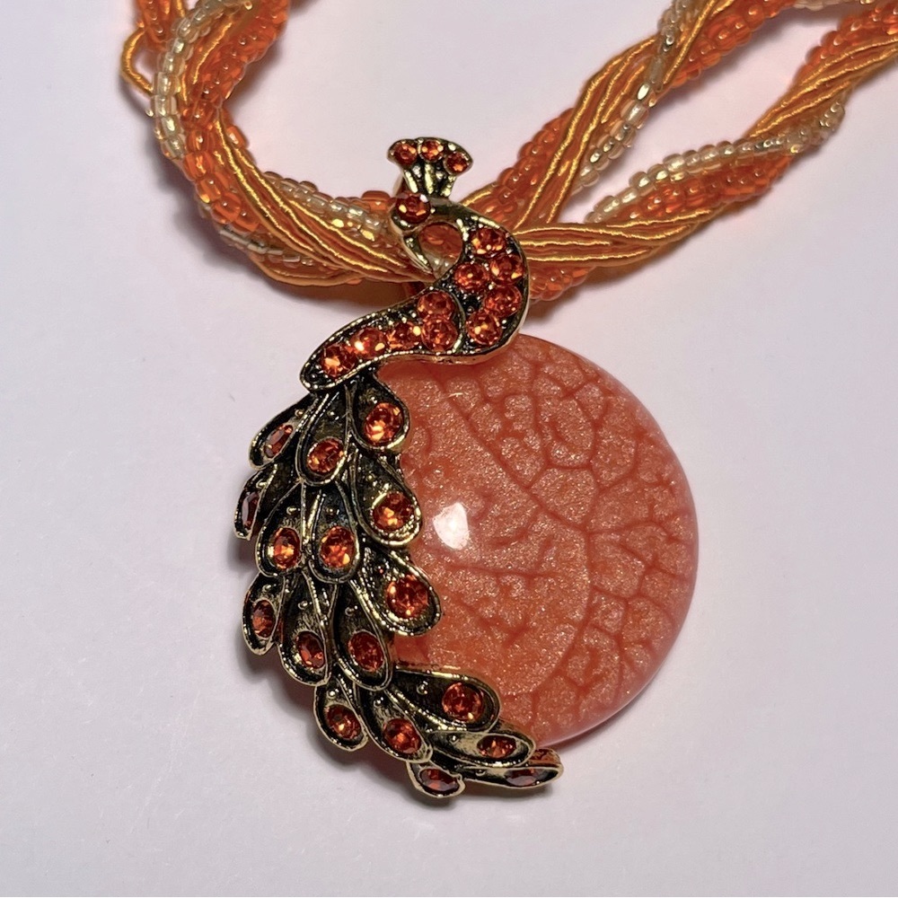 Bohemian Style Orange Cabachon Peacock Statement Necklace
